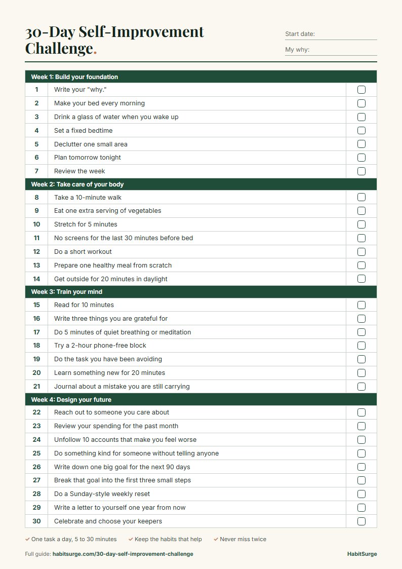 Printable 30-day self-improvement challenge checklist with one task per day