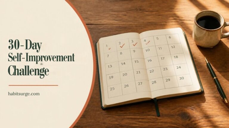 30-day self-improvement challenge calendar in an open journal with coffee