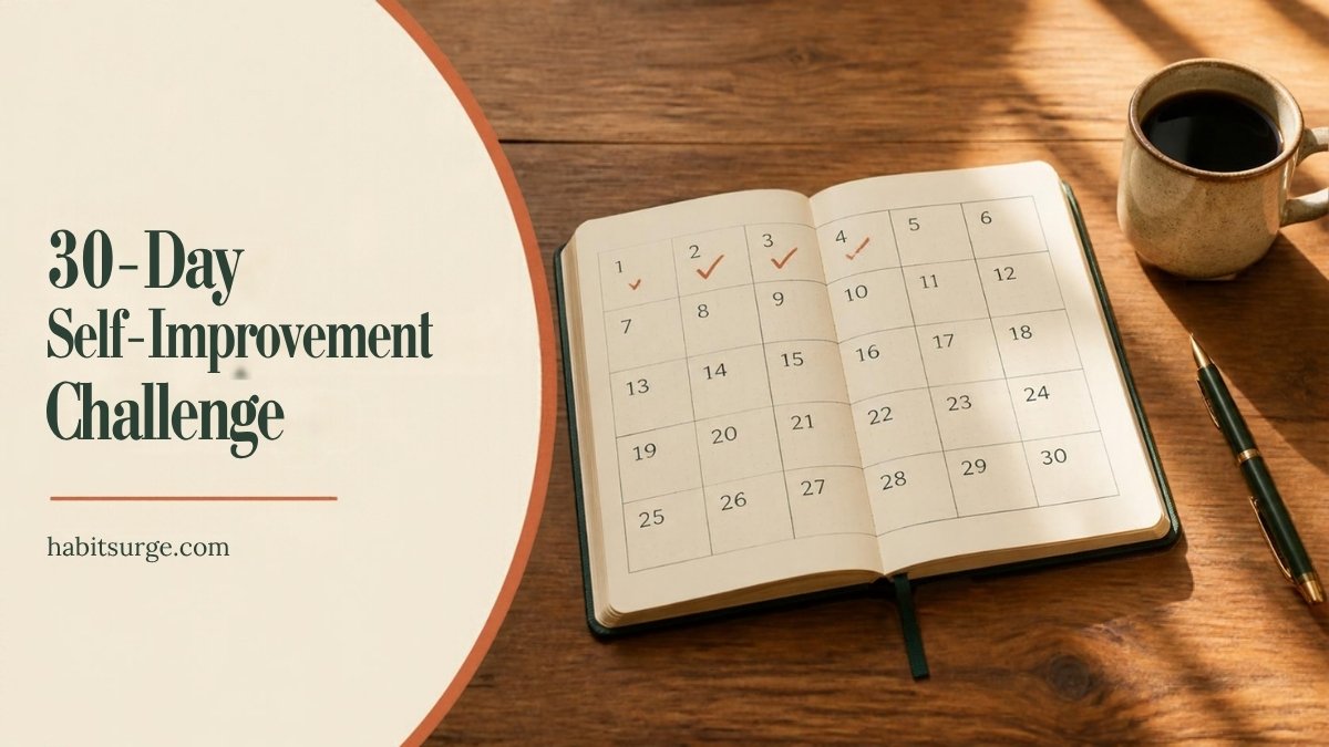 30-day self-improvement challenge calendar in an open journal with coffee