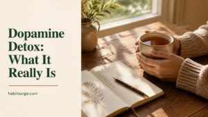 Hands holding a mug of tea beside an open journal on a sunlit table
