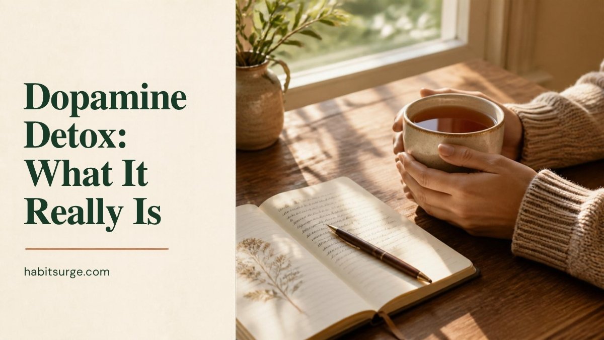 Hands holding a mug of tea beside an open journal on a sunlit table