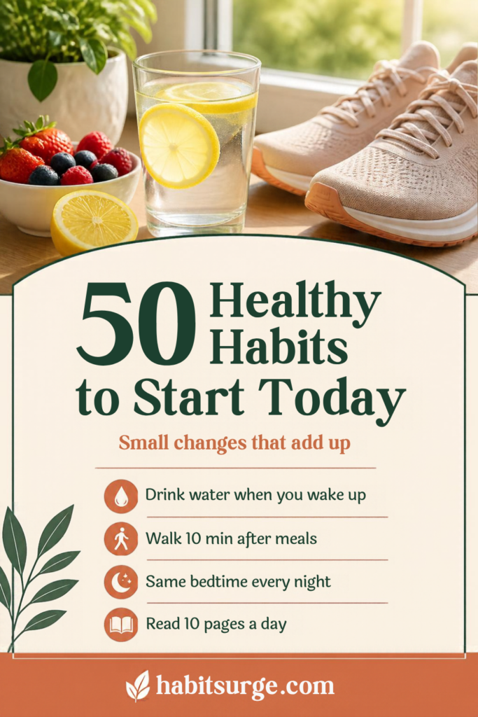 50 healthy habits to start today: drink water when you wake up, walk 10 minutes after meals, same bedtime, read 10 pages