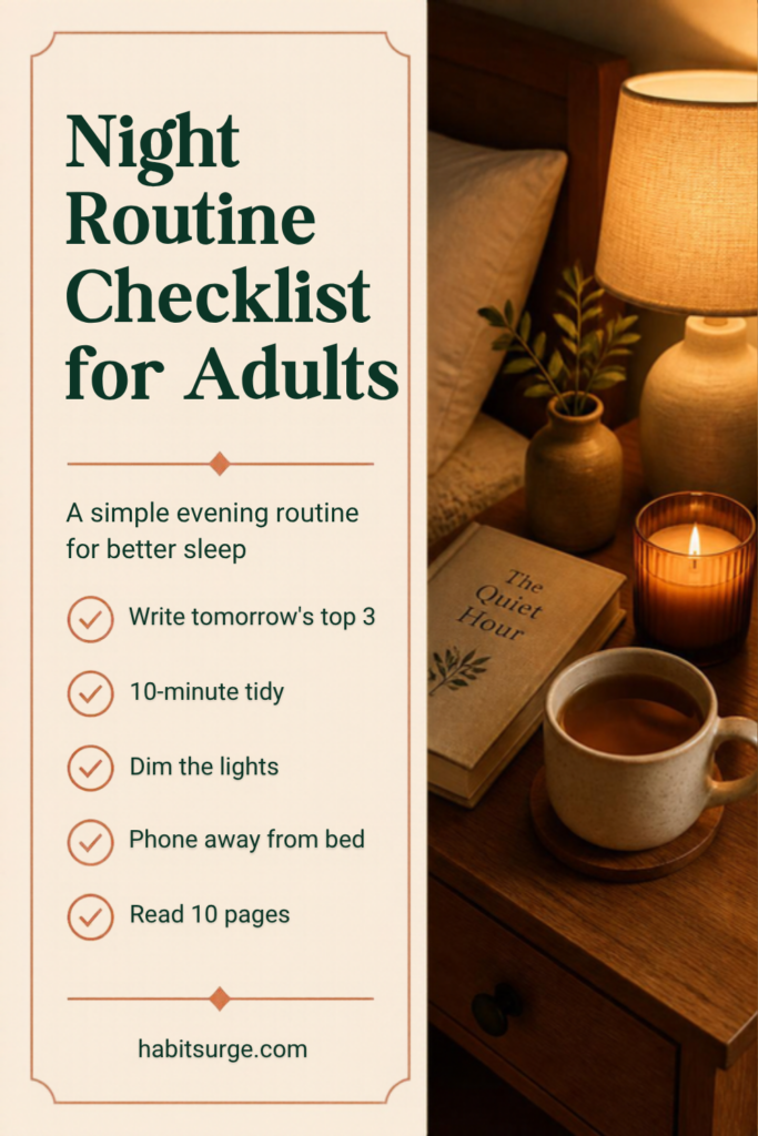 Night routine checklist for adults: write tomorrow's top 3, 10-minute tidy, dim the lights, phone away from bed, read 10 pages