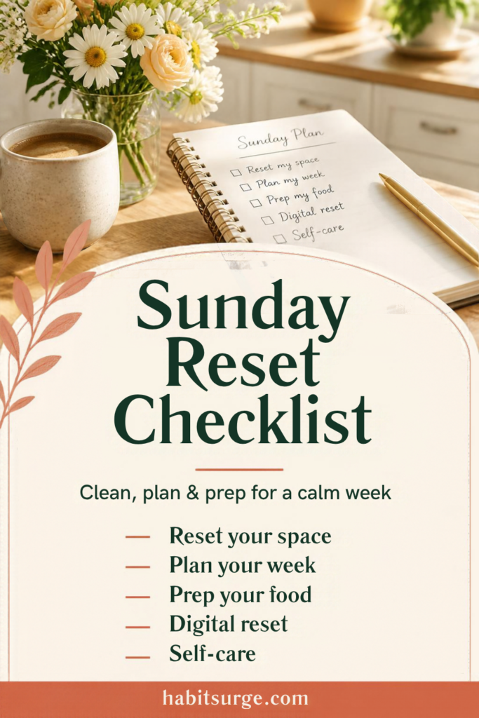 Sunday reset checklist: reset your space, plan your week, prep your food, digital reset, self-care
