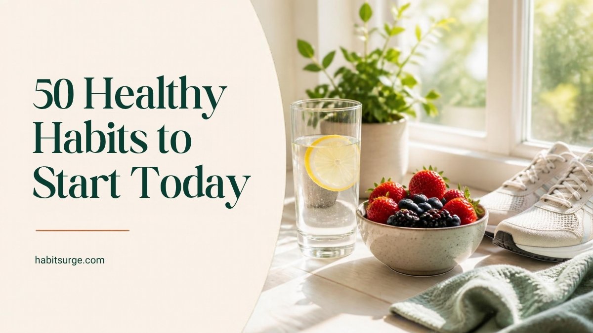 50 healthy habits to start today: lemon water, berries and running shoes by a window