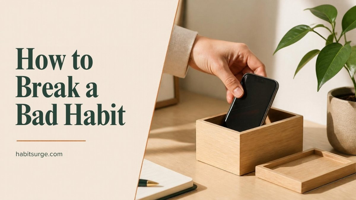 Hand placing a smartphone into a wooden box on a desk