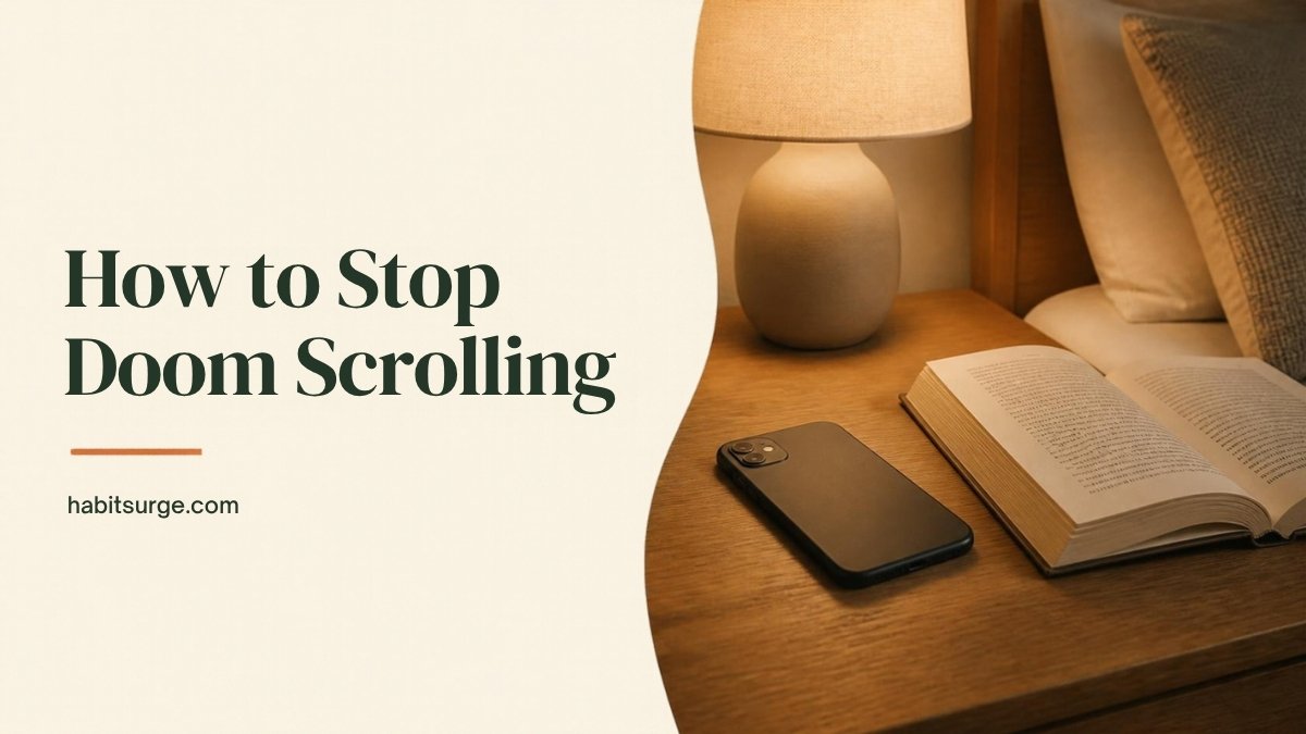 Phone lying face-down on a nightstand beside an open book and a lamp