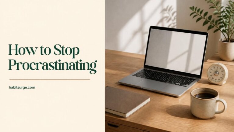 How to stop procrastinating: tidy desk with laptop, notebook, timer and coffee