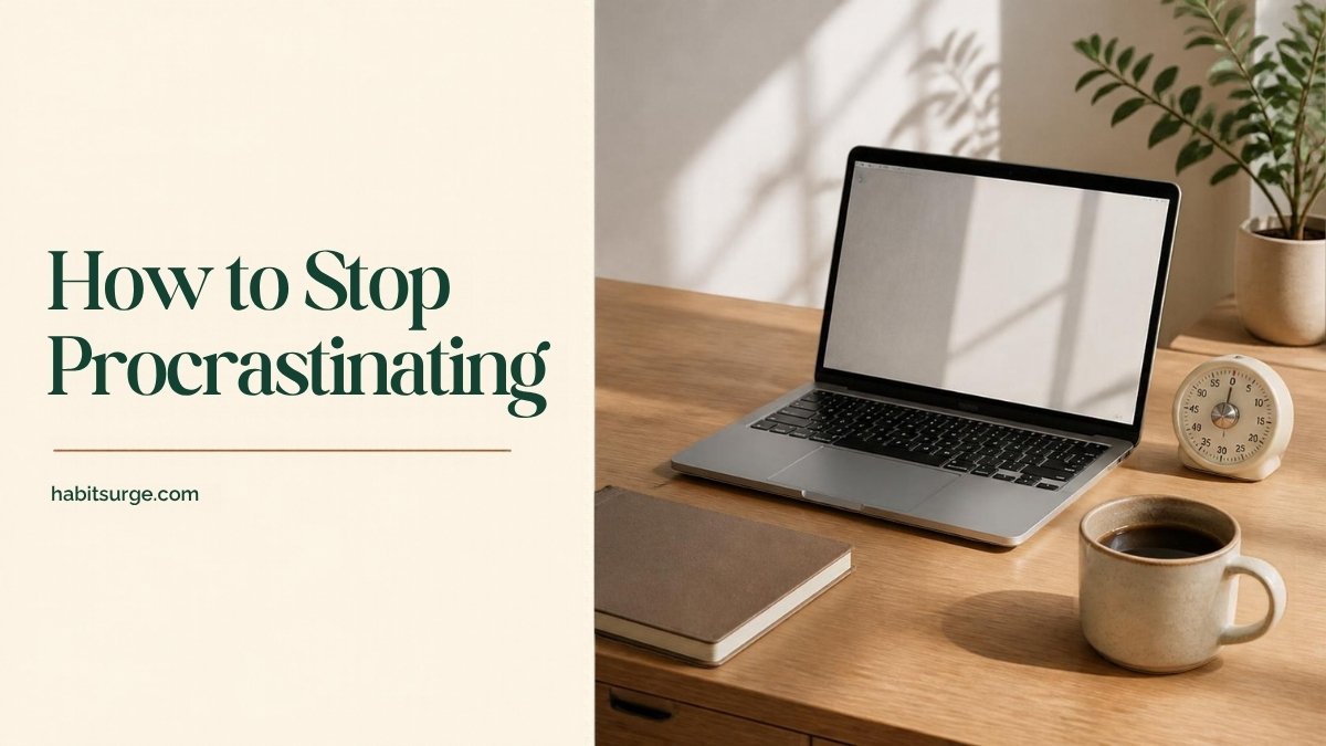 How to stop procrastinating: tidy desk with laptop, notebook, timer and coffee