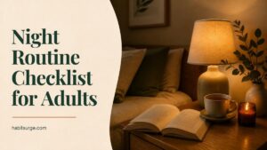 Night routine checklist for adults: bedside table with a lamp, book, tea and candle