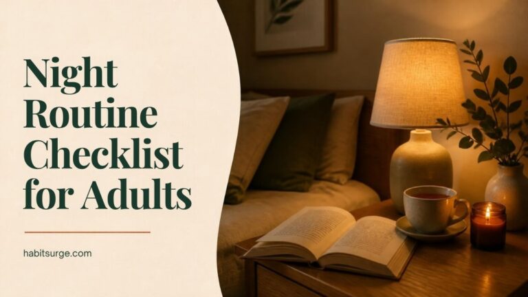Night routine checklist for adults: bedside table with a lamp, book, tea and candle