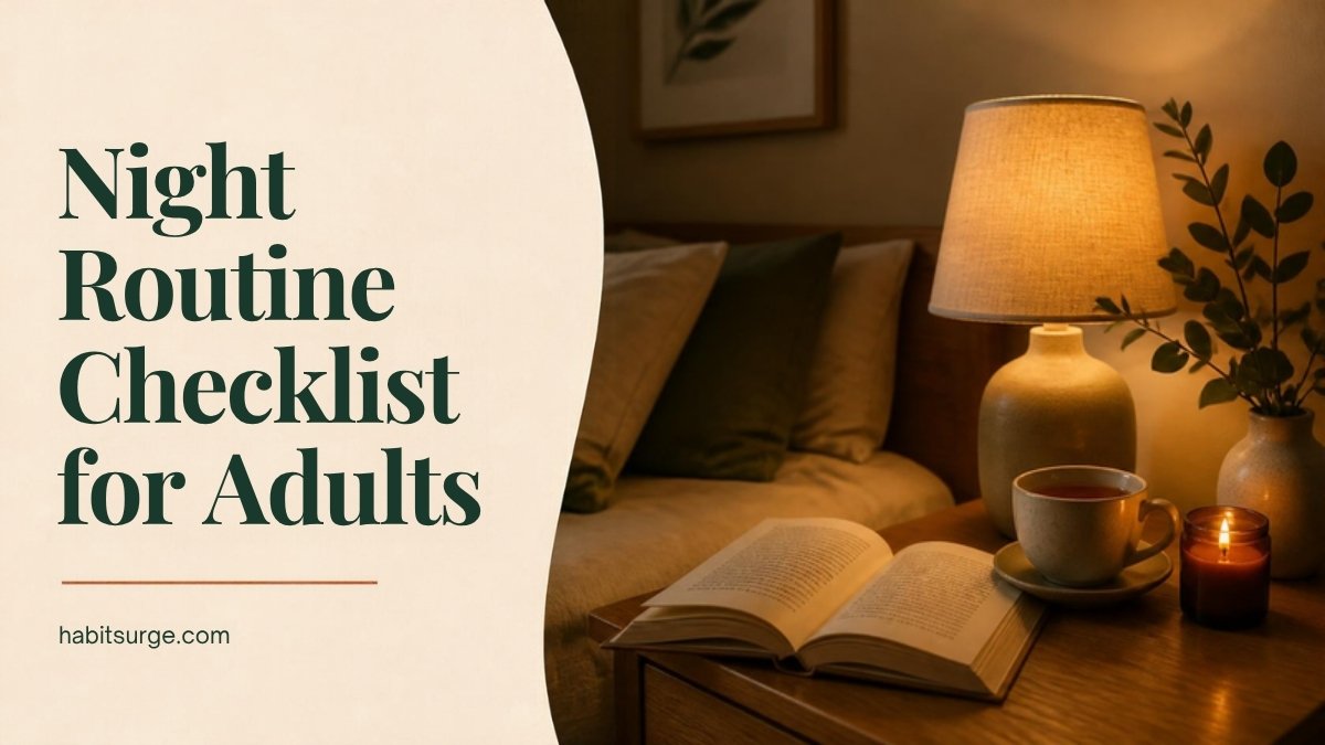 Night routine checklist for adults: bedside table with a lamp, book, tea and candle