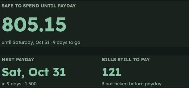Paycheck budget in Google Sheets showing Safe to Spend until payday, per day, next payday and bills still to pay