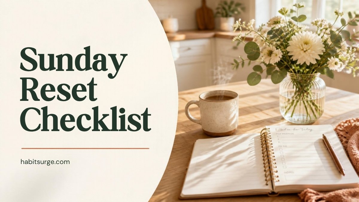 Sunday reset checklist: sunlit kitchen table with flowers, coffee and a weekly planner